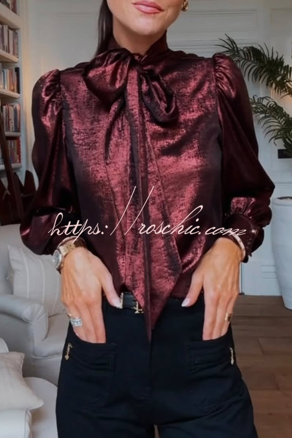 Ariella Metallic Satin Fabric Tie-up Bow Neck Long Sleeve Blouse