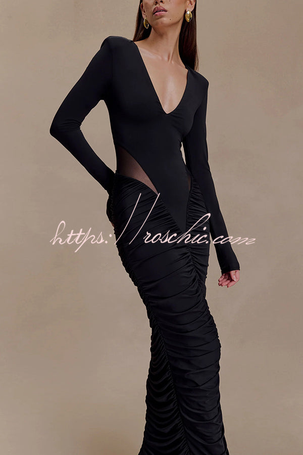 Sexy See-through Long-sleeved V-neck Pleated Slim-fit Maxi Dress