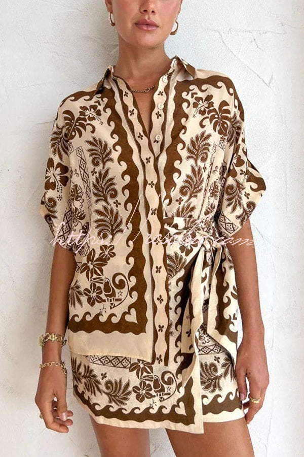 Embrace Hot Nights Linen Blend Ethnic Print Button Shirt and Knotted Waist Mini Skirt Set