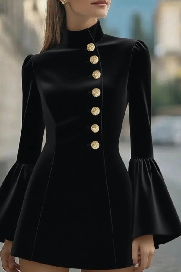 Fashionable Stand Collar Single-Breasted Slim Fit Formal Mini Dress