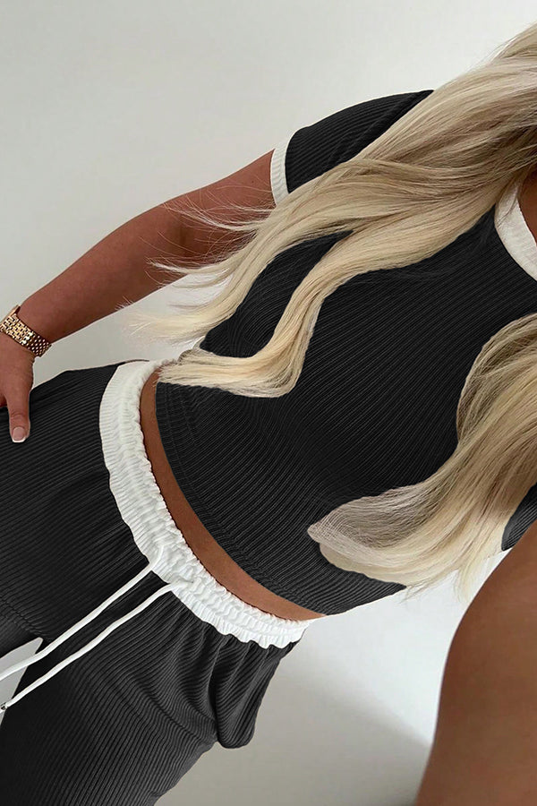 Fashionable Round Neck Short-sleeved Top and Elastic Waist Pocket Casual Straight Pants Set