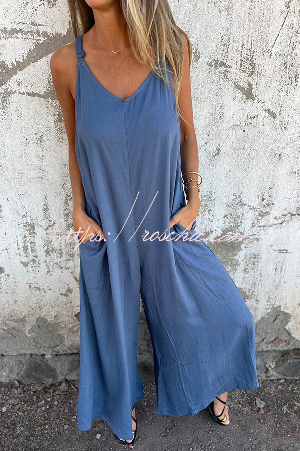 Linen Blend Solid Color Suspenders Loose Pockets Casual Wide-leg Jumpsuit