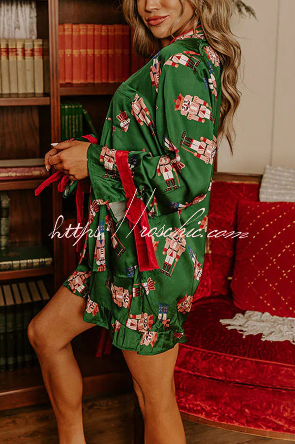 Christmas Dreaming Satin Nutcrackers Print Velvet Trim Elastic Waist Pocketed Pajama Shorts Set