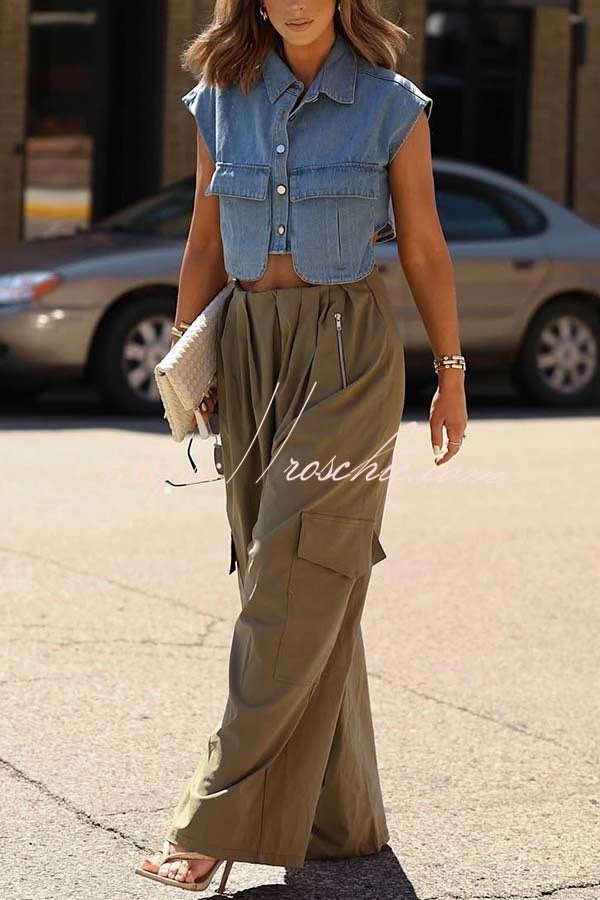 Great Week Pleated Elastic Waist Zipper Pocket Wide Leg Cargo Pants