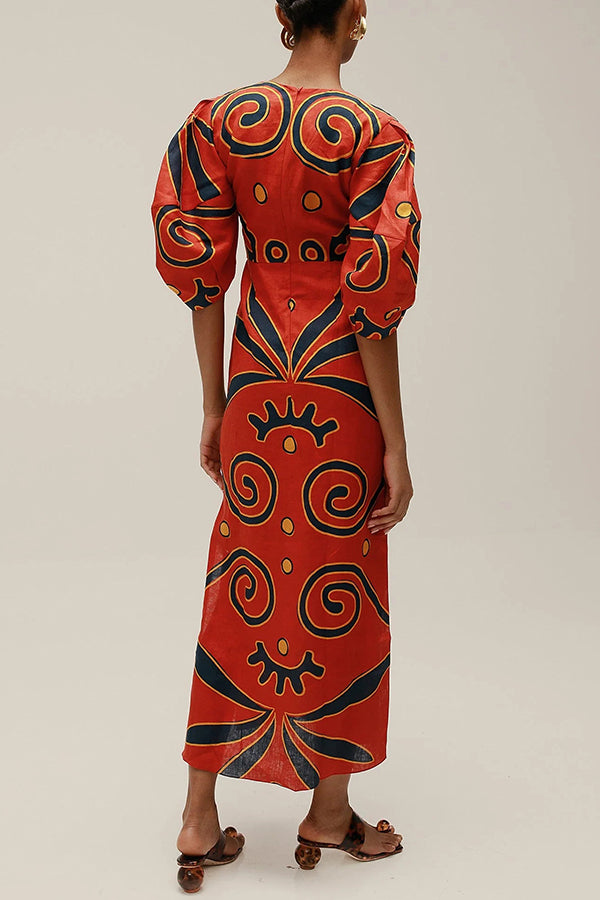 Kaya Linen Blend Color Block Print Front Cutout Knot Puff Sleeve Maxi Dress, Red / S