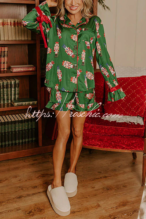 Christmas Dreaming Satin Nutcrackers Print Velvet Trim Elastic Waist Pocketed Pajama Shorts Set