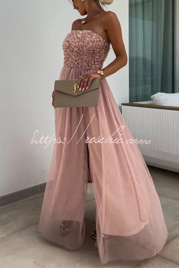 Romance and Lightness Tulle Floral Texture Pleated Patchwork Strapless Slit Maxi Dress