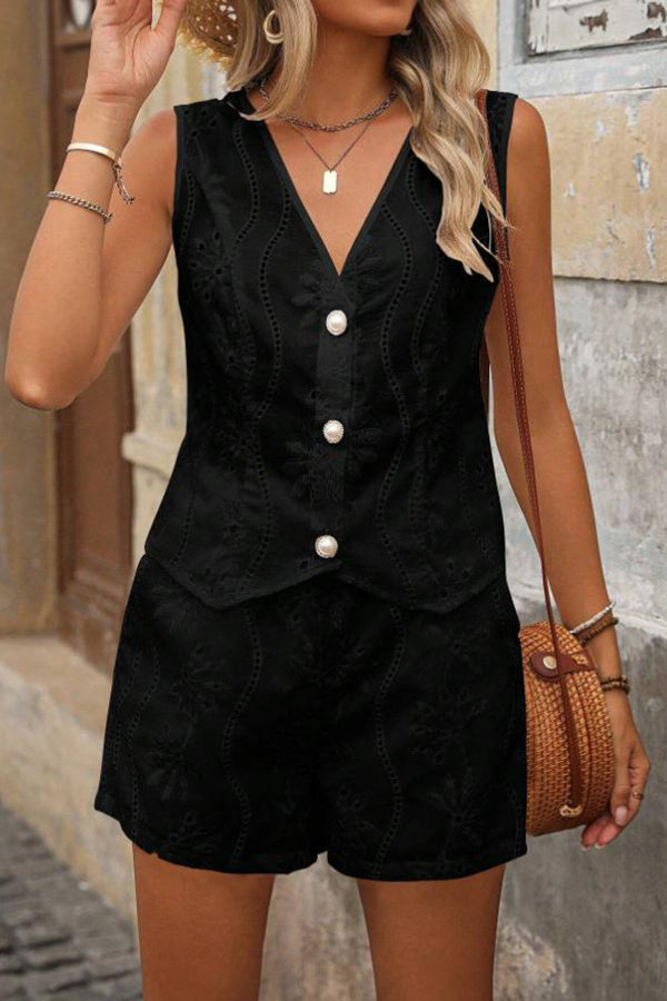 Solid Color Embroidered V-neck Button Casual Vest and Loose Pocket Shorts Set