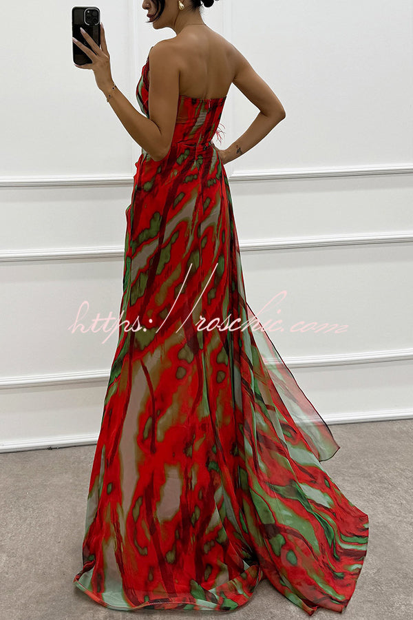 Amazing Views Watercolor Print Feather Rose Detail Off Shoulder Pleated Slit Maxi Dress