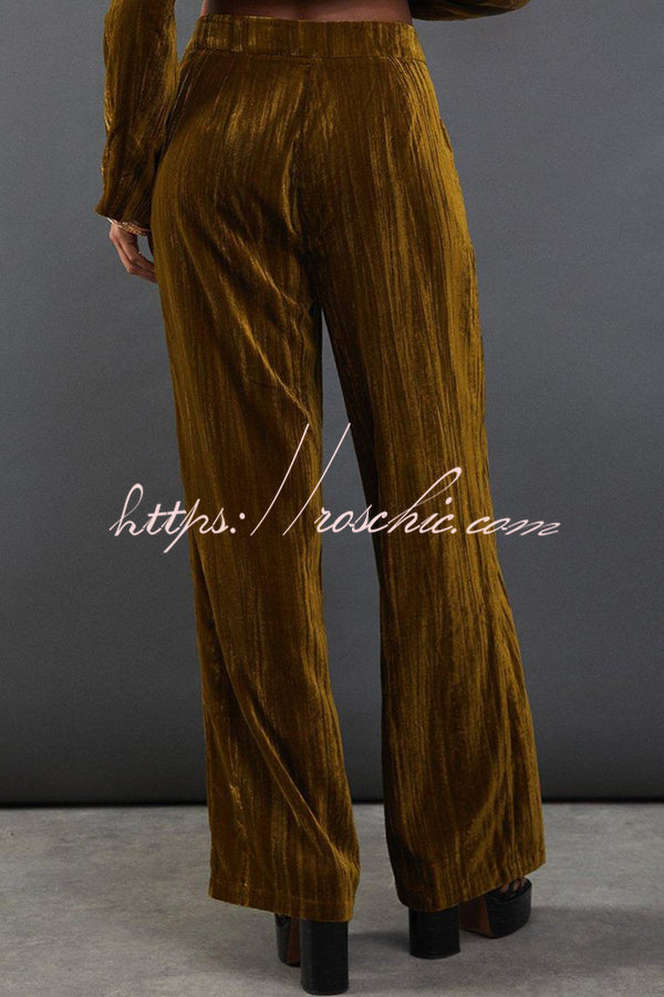Solid Color Velvet Long-sleeved Waist Tie Top and Elastic Waist Casual Pocket Straight-leg Pants Set