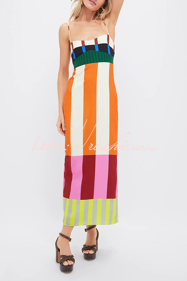 Unique Striped Color Block Printed Suspender Slit Slim Fit Maxi Dress –  roschic