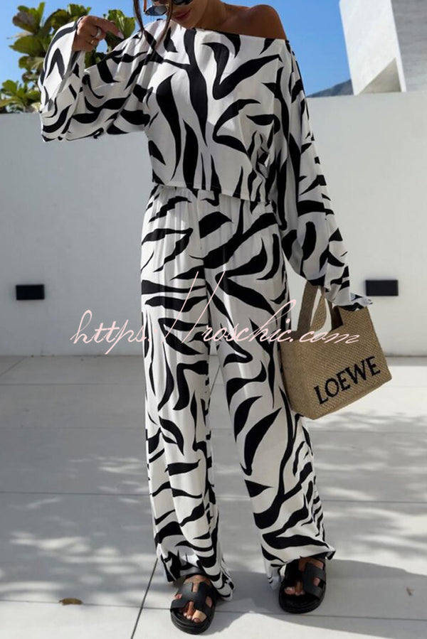 Sunlee Unique Print Wide Collar Long Sleeve Top and Elastic Waist Loose Pants Set