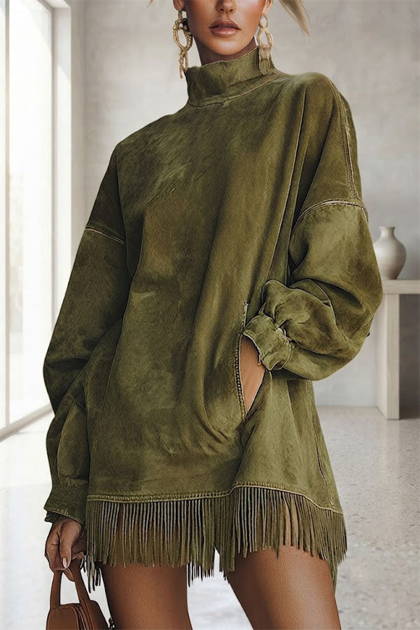 loose fitting dress with pockets Stylish Suede High-neck Long-sleeved Loose-fitting Tassel Mini opulent dress 11.8 Size M Bust Printed Bolero Jacket Dress Color:Goldenrod