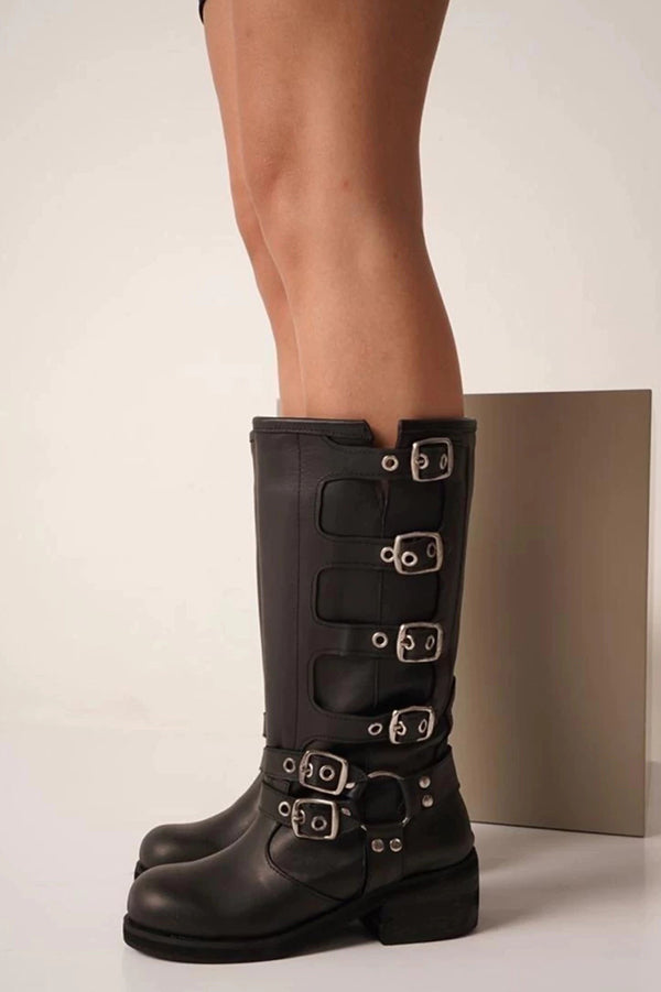 Vintage Belt Buckle Chunky Heeled Long Biker Boots