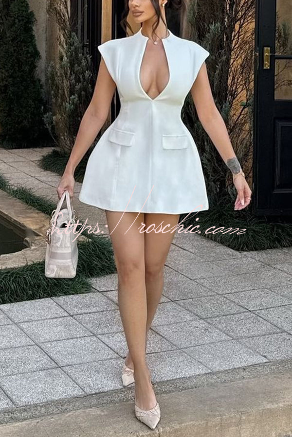 Simple Yet Chic Cap Sleeve V Neck Bubble-shaped Mini Dress