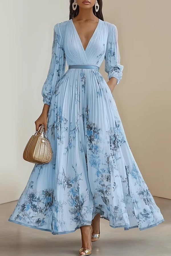Unique Printed V-Neck Long Sleeve Bow Tie Waist Holiday Maxi Dress, Blue / L Unique Printed V-Neck Long Sleeve Bow Tie Waist Holiday Maxi Dress, Blue / L