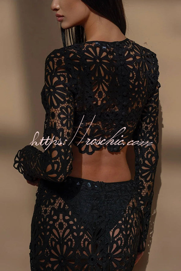 Balmy Summers Crochet Lace Floral Pattern Long Sleeve Crop Vacation Top