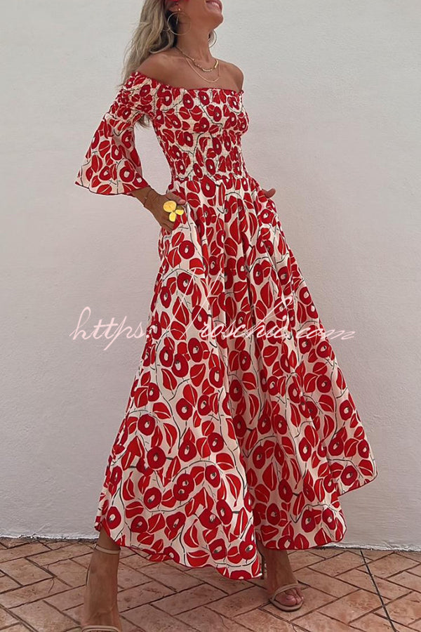 Close To The Vacation Floral Print Smocked Off Shoulder Pocketed Maxi Dress