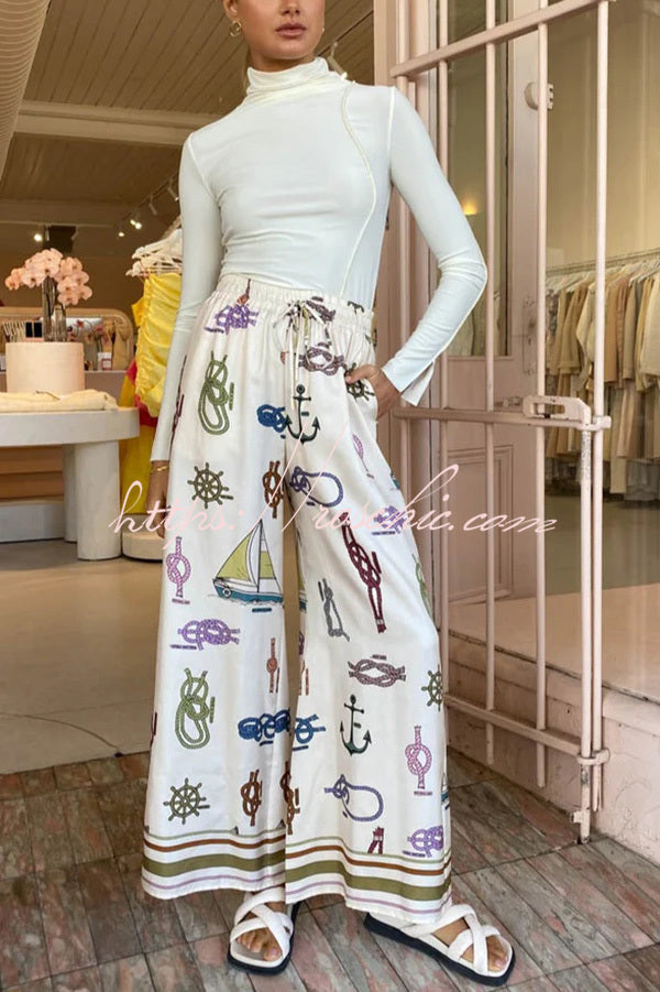 Sail Away Satin Unique Nautical Motifs Print Elastic Waist Pocketed Wide Leg Pants