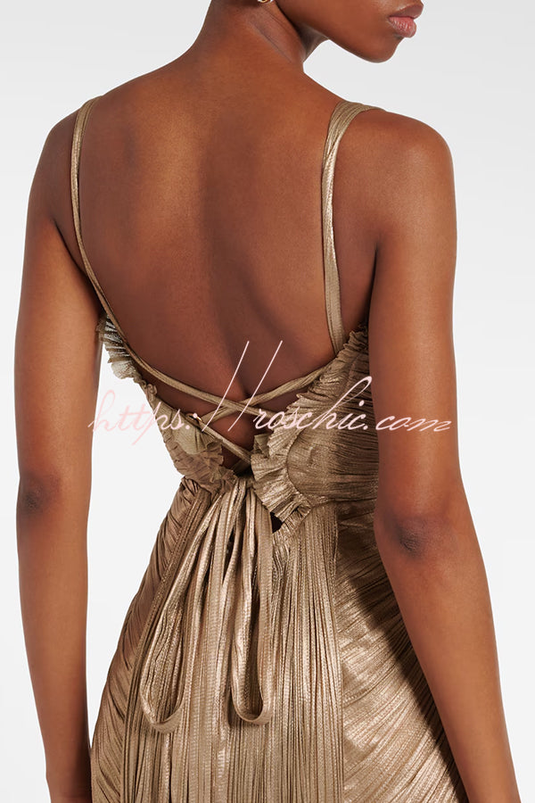 Vegas Queen Metallic Pleated Sculpted Bodice Back Lace-up Drape Maxi Dress