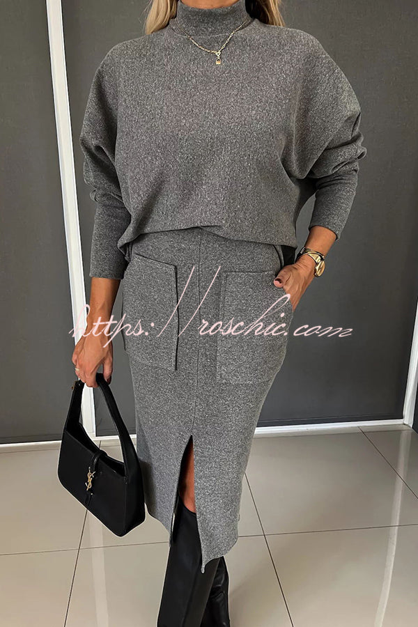 Chill Morning Knit Ribbed High Neck Top and Big Pocket Slit  Stretch Midi Skirt Set