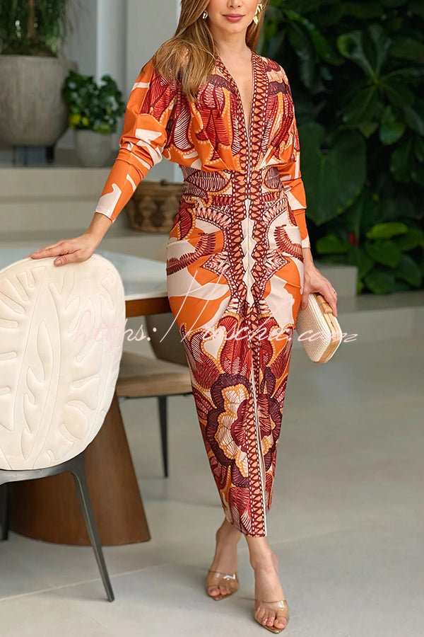 Brazilian Style Unique Print Dolman Long Sleeve Ruched Slit Midi Dress Brazilian Style Unique Print Dolman Long Sleeve Ruched Slit Midi Dress