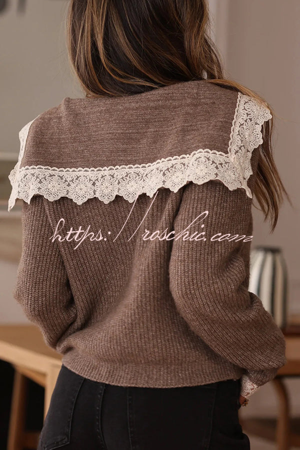 Fashionable Lace-trimmed Sailor Collar Casual Knit Cardigan