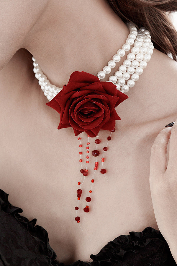 Halloween Dark Blood-stained Pearl Beaded Rose Necklace