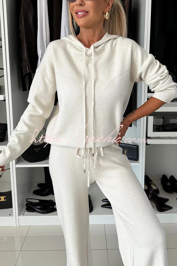 Solid Color Loose Hooded Tie Sweatshirt and Elastic Waist Casual Straight Pants Set