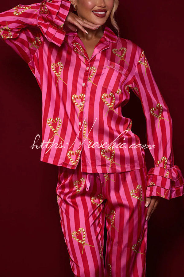 Festive Season Long Candy Stripe Tiered Bell Cuffs Elastic Waist Pocketed Pajama Set