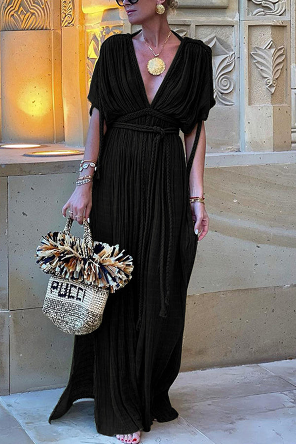 Greek Style Linen Blend Draped Braids Kimono Cover Up Slit Maxi Dress, Black / ONE-SIZE Greek Style Linen Blend Draped Braids Kimono Cover Up Slit Maxi Dress, Black / ONE-SIZE