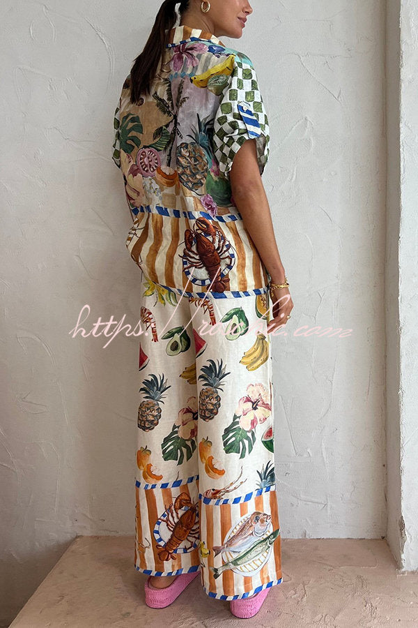 Perfect Day Linen Blend Tropical Fruit Print Elastic Waist Pocketed Wide Leg Pants