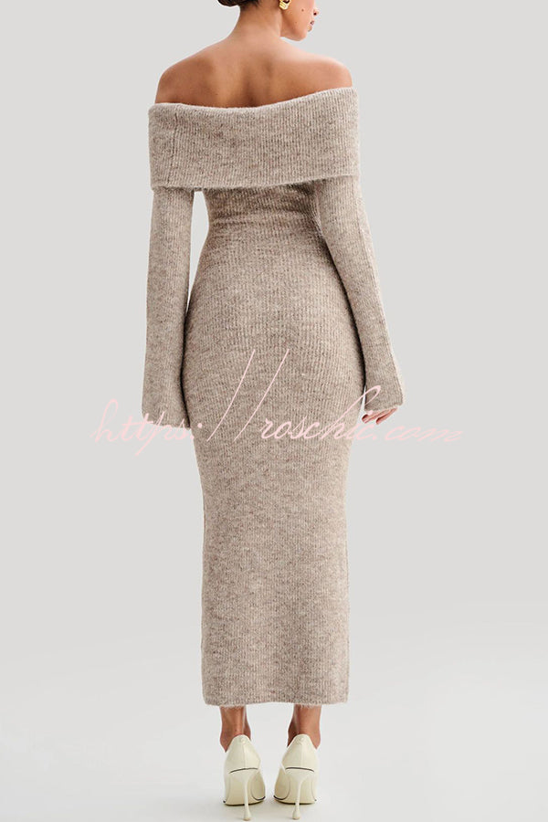 Solid Color Off-shoulder Long-sleeved Elegant Slim-fit Knit Maxi Dress
