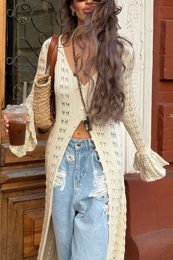 Fashion Hollow V-neck Long-sleeved Casual Knitted Cardigan