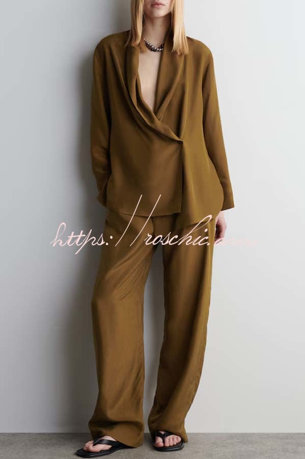 Bella Satin Drape Collar Single Button Casual Blazer and Elastic Waist Pocket Loose Pants Set