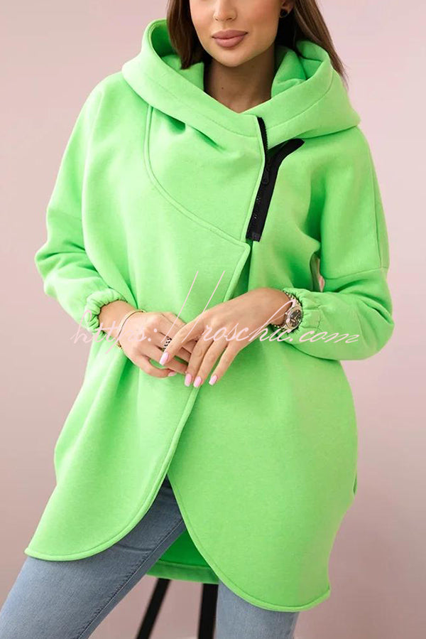 Solid Color Loose Hooded Zip-up Casual Sports Jacket