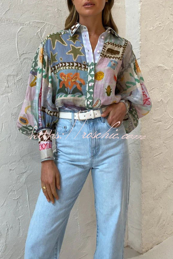 Fun and Nostalgic Unique Print Balloon Sleeve Button Loose Shirt