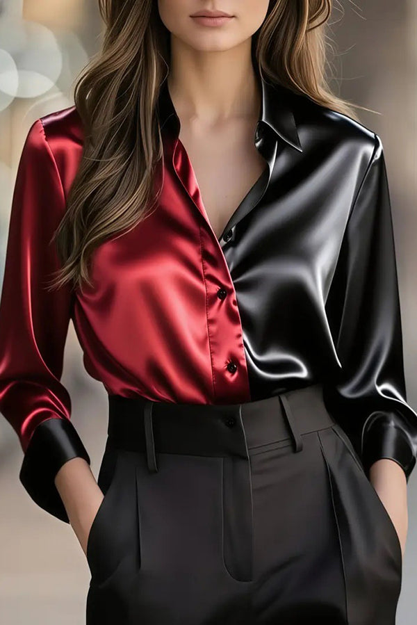 Fashionable Colorblock Lapel Long-sleeved Button-down Shirt
