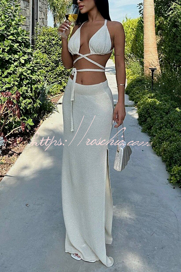 Solid Color Sexy Lace-up Swimsuit and Knitted Elastic Slit Beach Maxi Skirt Set