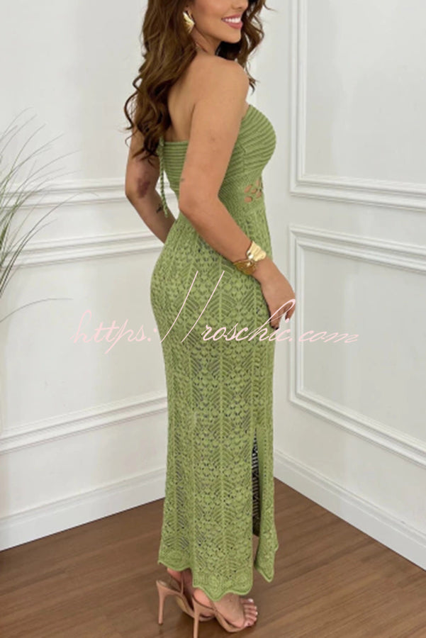 Avena Crochet Knit Cutout Waist Halter Texture Slit Maxi Dress