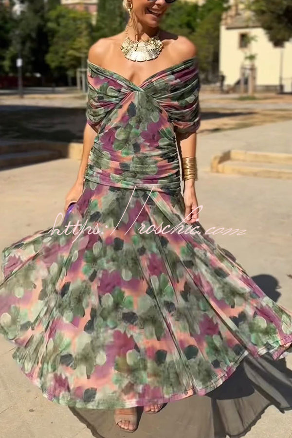 Unique Printed V-Neck Waisted Mesh Holiday Maxi Dress