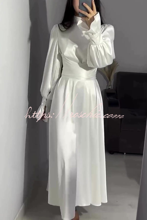 Solid Color Ruffled Sleeves Waisted Tie Slim Fit Maxi Dress