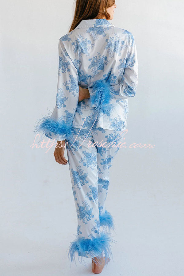 Sweet Daydreamer Floral Printed Feather Trim Elastic Waist Pocketed Pajama Set