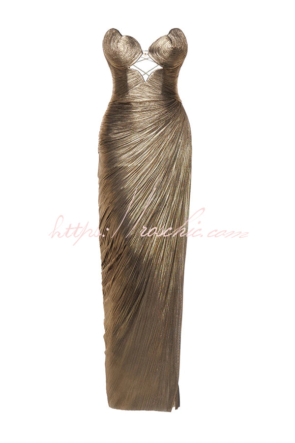 Amisha Metallic Pleated Shell Cups Hollow Gold Pendant Strapless Drape Slit Maxi Dress