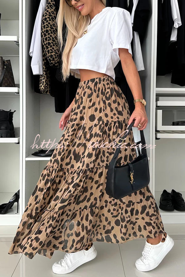 Unique and Comfortable Leopard Print Elastic Waist A-line Layered Maxi Skirt