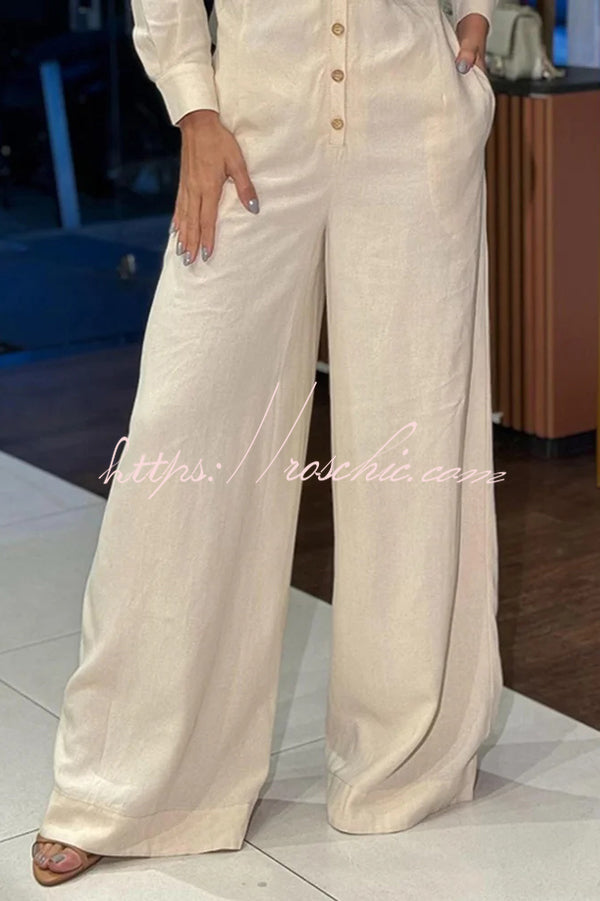 Linen Blend Lapel Long Sleeve Button Pocket Wide Leg Jumpsuit