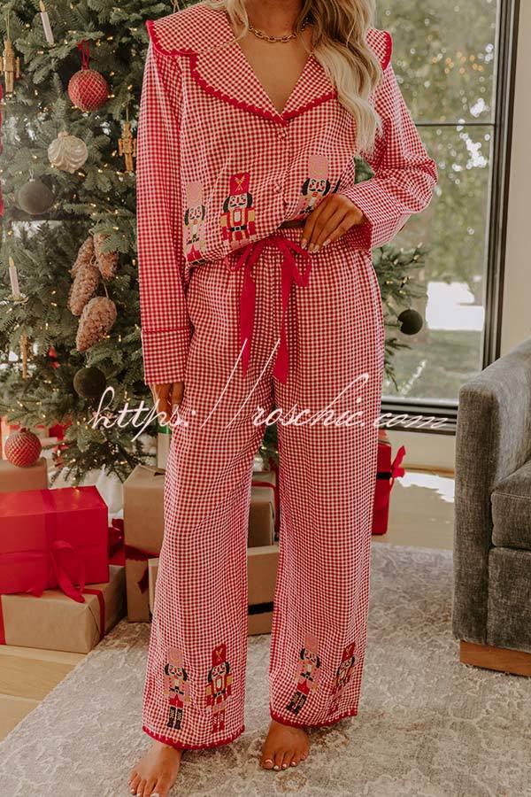 Nutcracker Charm Embroidered Gingham Loose Shirt and Elastic Waist Pajama Set