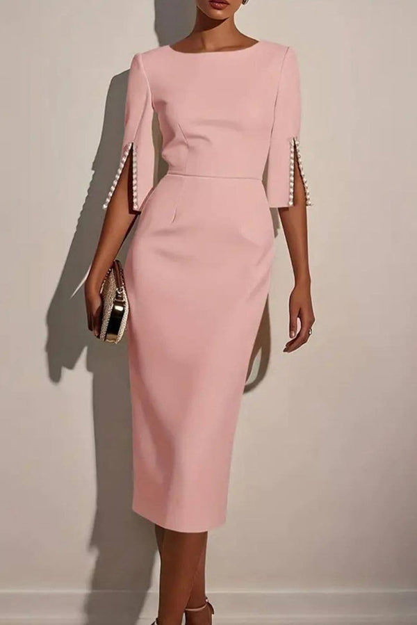 Solid Color Elegant Round Neck Half Sleeve Beaded Decorated Slim Fit Midi Dress, Pink / S Solid Color Elegant Round Neck Half Sleeve Beaded Decorated Slim Fit Midi Dress, Pink / S