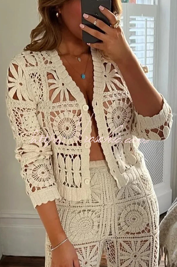Summer Vacation Style Hollow Long-sleeved Knitted Cardigan Top