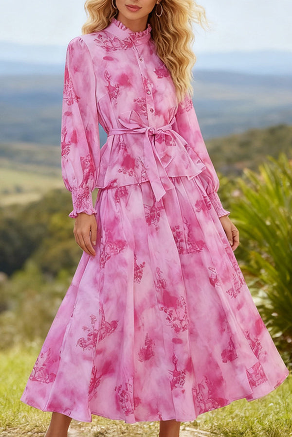 Unique Printed Turtleneck Long Sleeve Casual Top and Elastic Waist Holiday Maxi Skirt Set